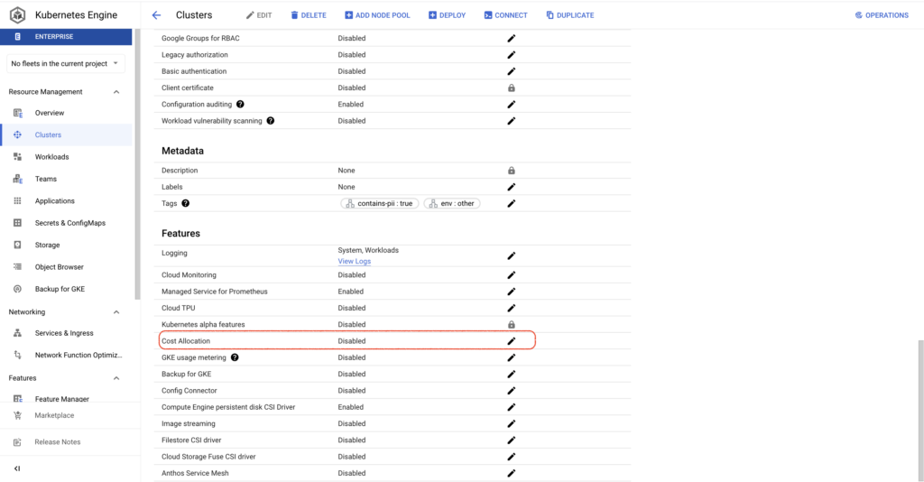 GKE cost allocation disabled